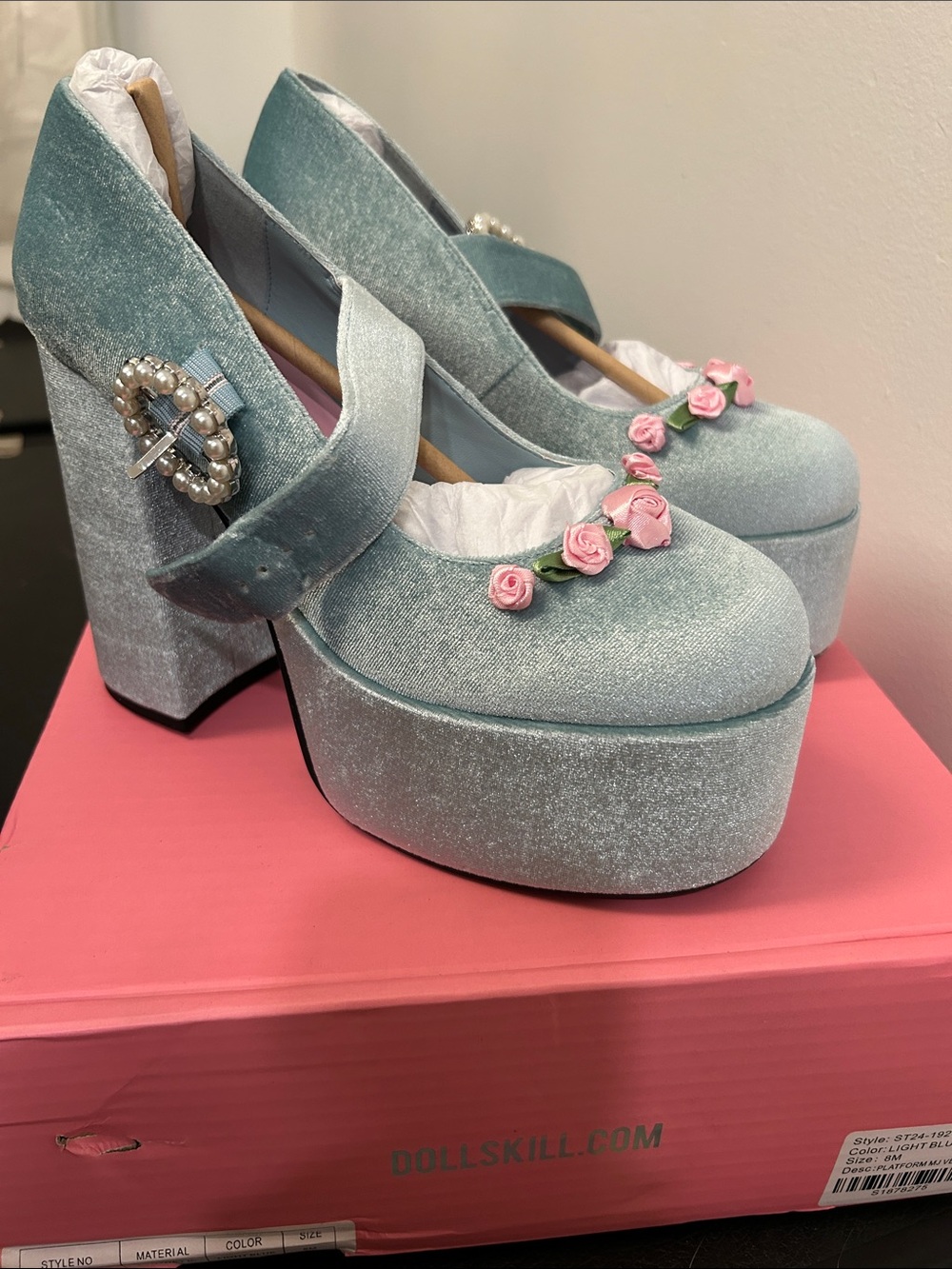 Dolls Kill Light Blue Velvet Platform Mary Jane Heels with Floral Trim